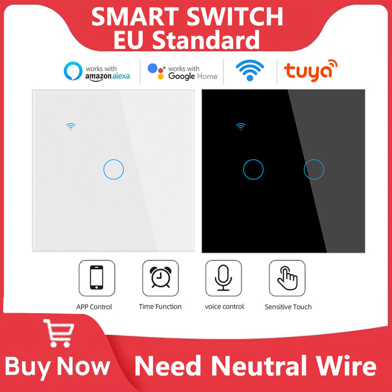 WiFi Smart Switch EU Light Wall Touch Switch 220V Need Neutral Wire Tuya Smart Life Work with Alexa Google Home 1/2/3/4 Gang