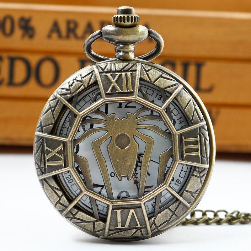 Aranha esculpida quartzo relógio de bolso, Moda criativa, colar vintage, relógio corrente, oco