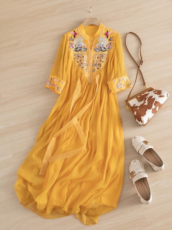 2024 New Summer Chinese Style Embroidery Chiffon Dress National Art Chic Women White Loose Casual Ethereal Pleated Long Dresses