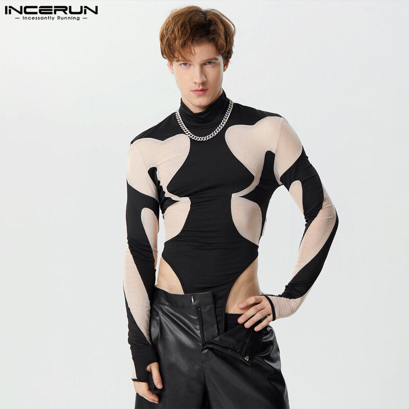 2024 Bodysuit pria Bodysuit Mesh perca tembus pandang Turtleneck lengan panjang Romper Streetwear seksi mode laki-laki Bodysuit S-3XL INCERUN