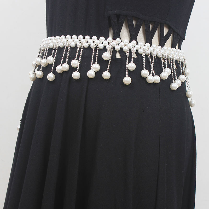Women's Runway Fashion Pearl Knitted Cummerbunds Female Dress Corsets Waistband Belts Decoration Narrow Belt R1067