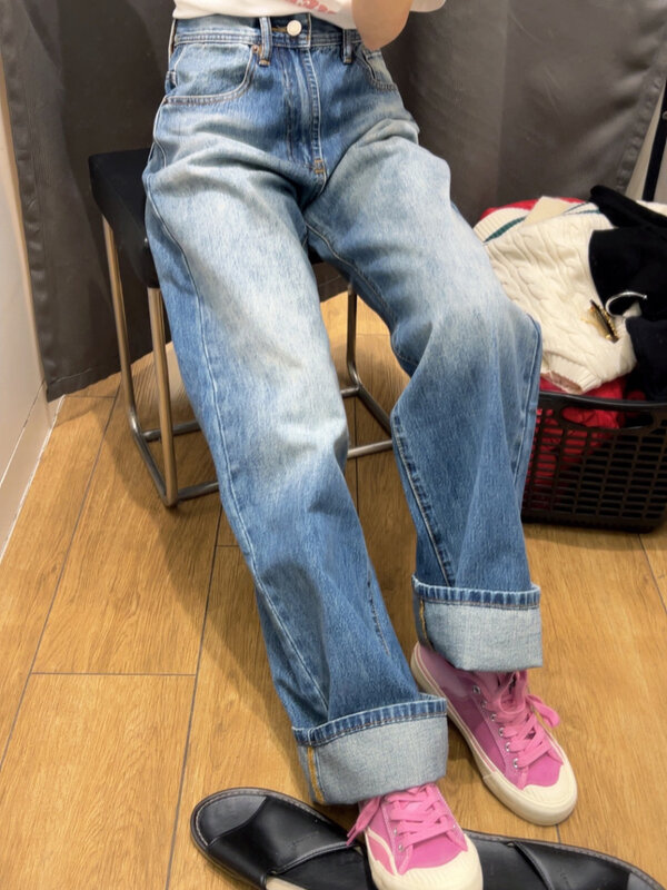 ADAgirl celana Jeans biru Denim Retro wanita, celana panjang lurus kaki lebar pinggang tinggi ukuran besar Hip Hop jalanan Y2k