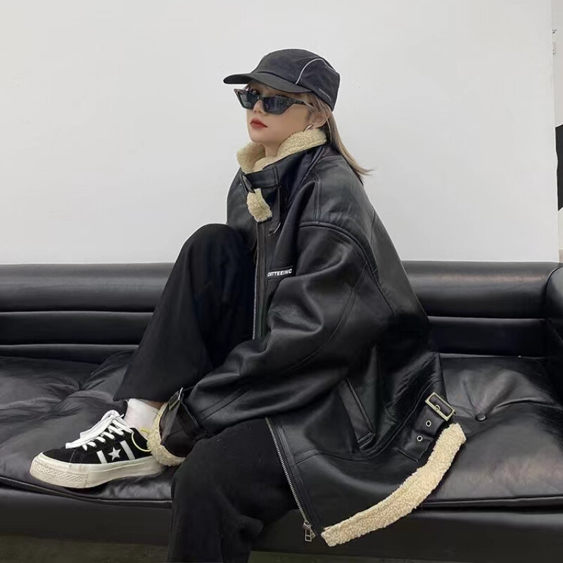 Jaqueta de inverno de couro do falso feminino com forro de pele de cordeiro 2023 coreano nova moda preto plutônio casaco quente engrossar shearling solto outwear