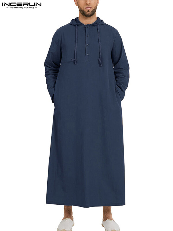 INCERUN 이슬람 남성 드레스 로브 이슬람 스타일 후드 로브, 사우디 아라비아 긴 소매 카프탄 긴 주바 토브 옴브 2023