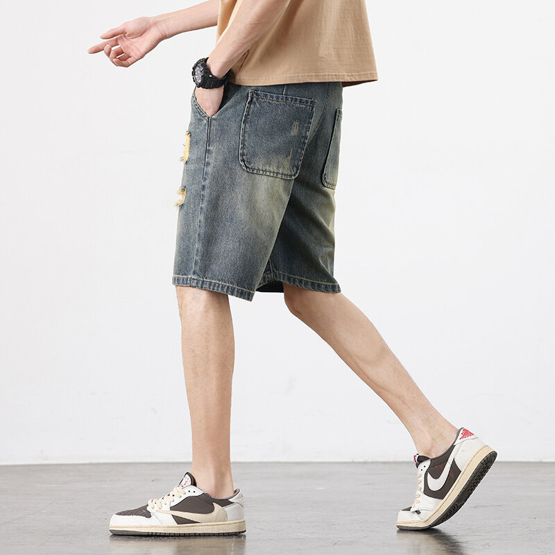 2024 Summer Men's Vintage Denim Shorts Ripped Holes Baggy Straight Casual Short Jeans Fashion Korean Hip Hop Streetwear