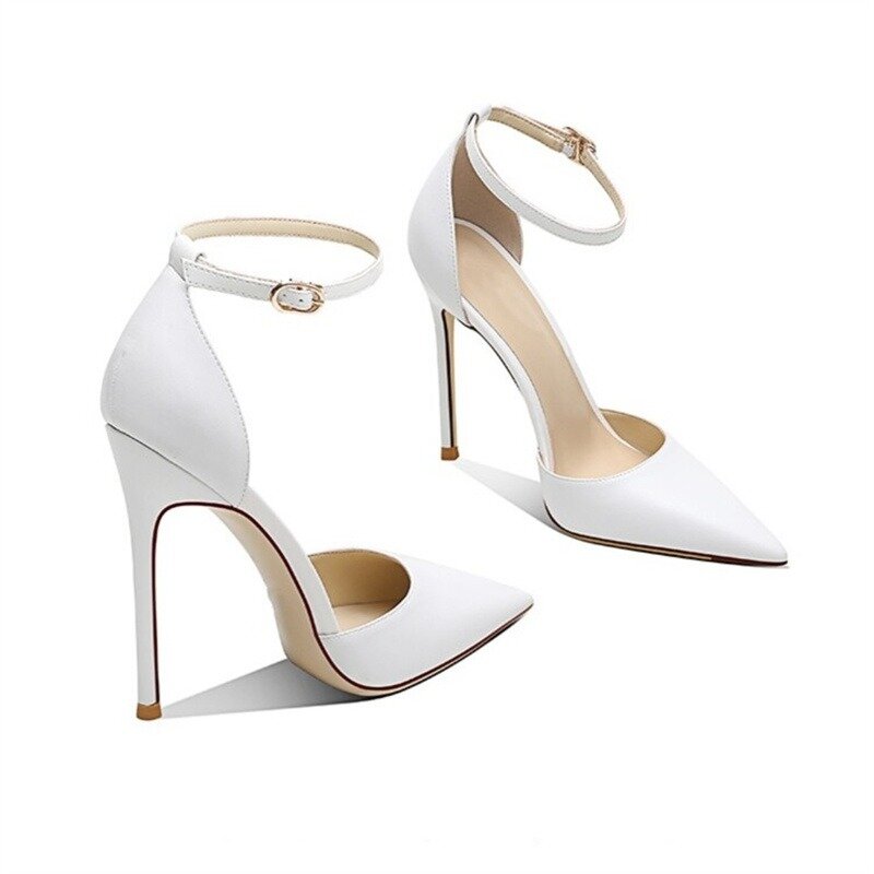 Solid Color Leather Pointed 11cm Slim Heel Sandals White High Heel Banquet Women's Shoes 36-45 Professional Office Girl Sandals