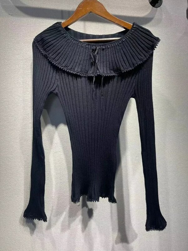 Women Knitted Pullover Ruffles O-Neck Solid Color Slim Early Autumn Casual All-Match Bottoming Tops