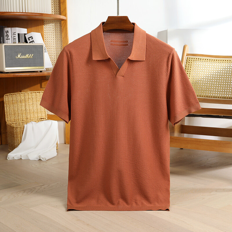 Luxury Mulberry Silk T-shirt Men's Summer Short Sleeve Thin Solid Color Knitted Simple V-neck Casual Breathable Polo Shirt
