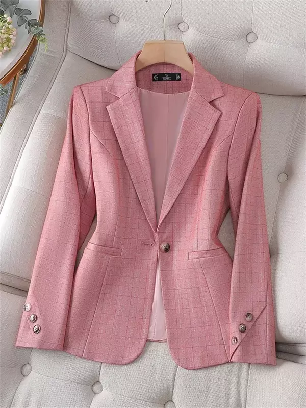Abito da donna Blazer formale da donna rosa nero Plaid femminile manica lunga bottone singolo abbigliamento da lavoro da ufficio giacca da donna cappotto