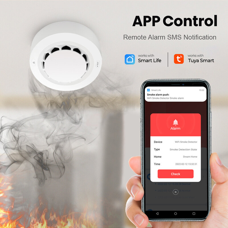 Датчик дыма Tuya с Wi-Fi, умная противопожарная сигнализация, 90 дБ, работает с приложением Tuya Smart Life