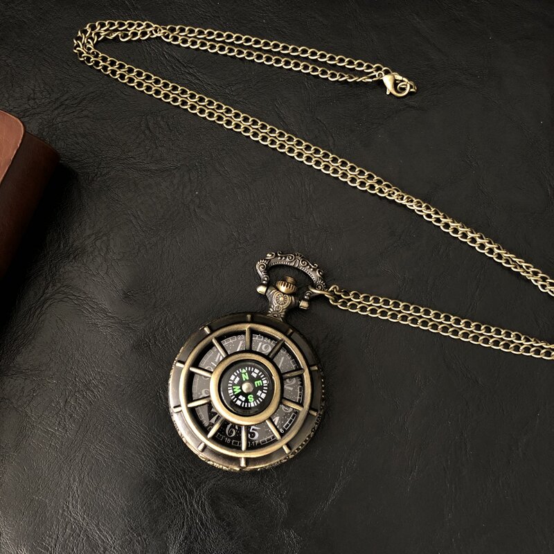 Exquisite Hollow Rudder Pattern Design Carved Quartz Pocket Watch Necklace Pendant Gifts For Man with Fob Chain