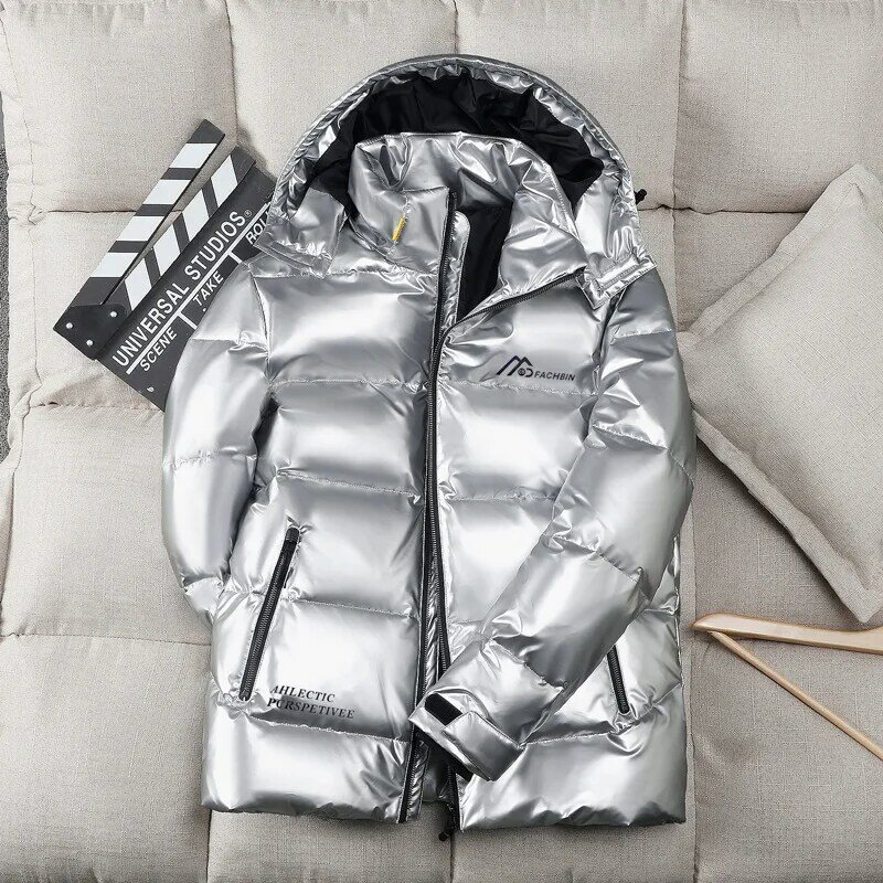 メンズホワイトダックダウンコート,防水,フード付き,暖かく保つ,光沢のあるパーカー,冬用ジャケット,-30度,90%