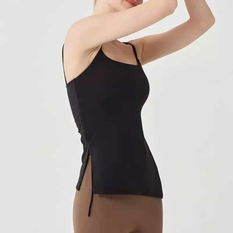 Colete de Fitness de corda lateral feminino, plissado Slim-Fit Yoga Wear, almofada de peito embutida, confortável, puxão lateral