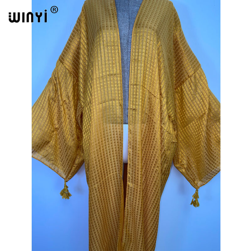 2022 Africa WINYI Monochrome plaid printing Beach Wear Swim Suit Cover coat Elegant Women Boho Holiday Long Sleeve Kimono dress