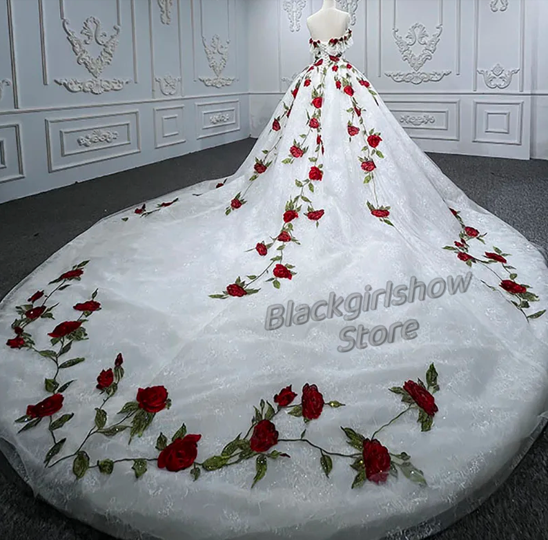 Vestido De cola De la capilla sin mangas, vestido elegante De lujo con bordado De rosas, color blanco, para Cumpleaños De 15 años, 2024