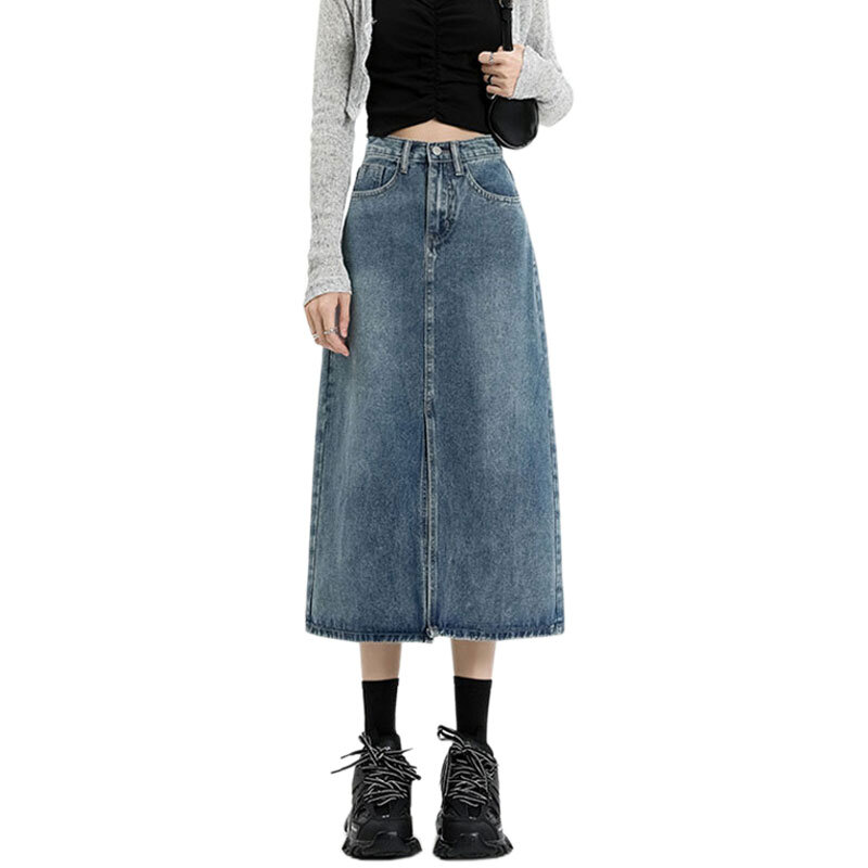 Женская джинсовая юбка с разрезом, весенне-осенняя короткая тонкая юбка средней длины с завышенной талией, синяя юбка в стиле ретро, 2024