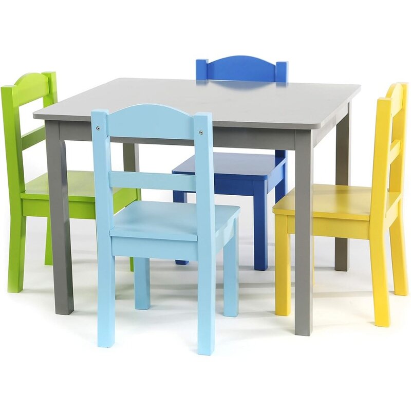 Conjunto de mesa e cadeira de madeira infantil ideal para artesanato, hora do lanche, escola em casa, cinza, azul, verde, amarelo, 4 cadeiras incluídas