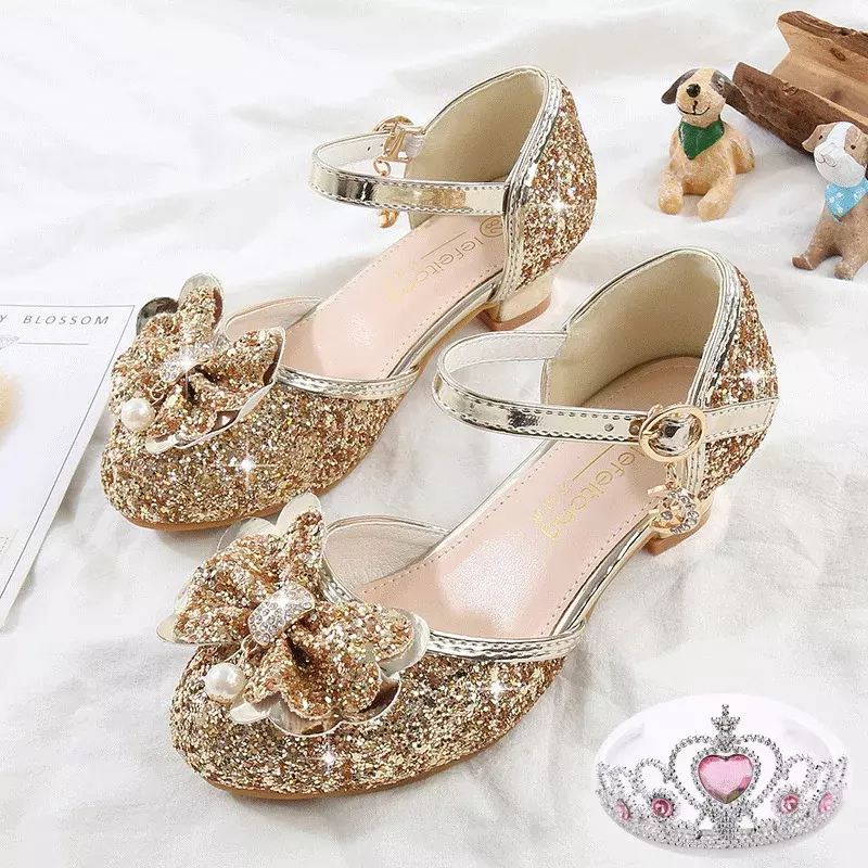 Girls' High Heels Fashion New Sequin Bow Shoes Children's Dance Single Shoes Bao Head Princess Shoes