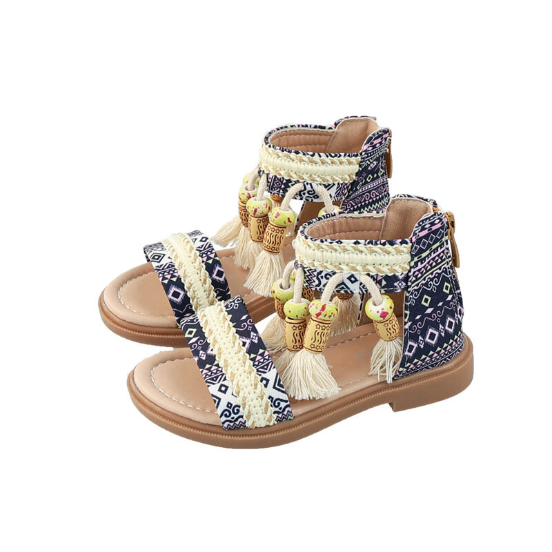 Sandalias Bohemias de estilo Retro para niñas, zapatos informales de princesa con punta abierta, borla de moda, sandalias romanas suave para niños de fondo, Verano