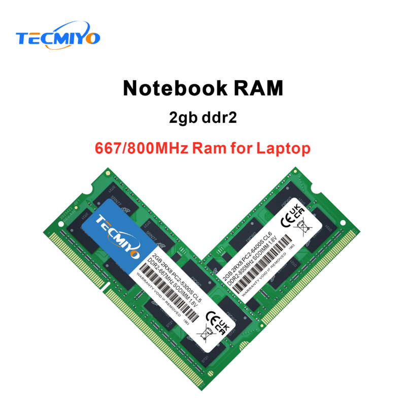 หน่วยความจำ DDR2 tecmiyo 2GB 667/800MHz SODIMM DDR2หน่วยความจำแล็ปท็อป1.8V PC2-5300S/6400S Non-ECC-GREEN