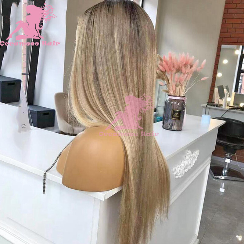 Ash Blonde Highlight 13x6 Lace Frontal Wigs Human Hair Colored Brazilian Human Hair Straight Ombre Wig Transparent Swiss Lace Fr