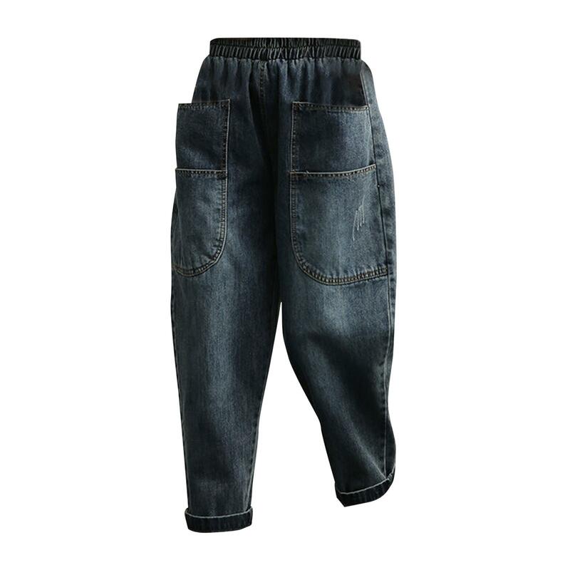 Haremki przycięte spodnie duże kieszenie lekkie wiosenne letnie workowate dżinsy luźne jeansy na biurową imprezę biznesową