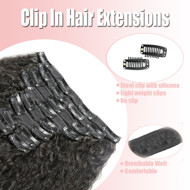Seamless Clip em extensões de cabelo humano para mulheres, cabelo reto Kinky, cabelo grosso invisível, 10pcs, 120 G/Set