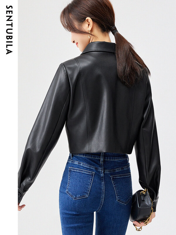 Куртка Sentubila короткая из искусственной кожи для женщин, весна-осень-зима 2023, винтажная свободная черная укороченная куртка с длинным рукавом, уличная одежда