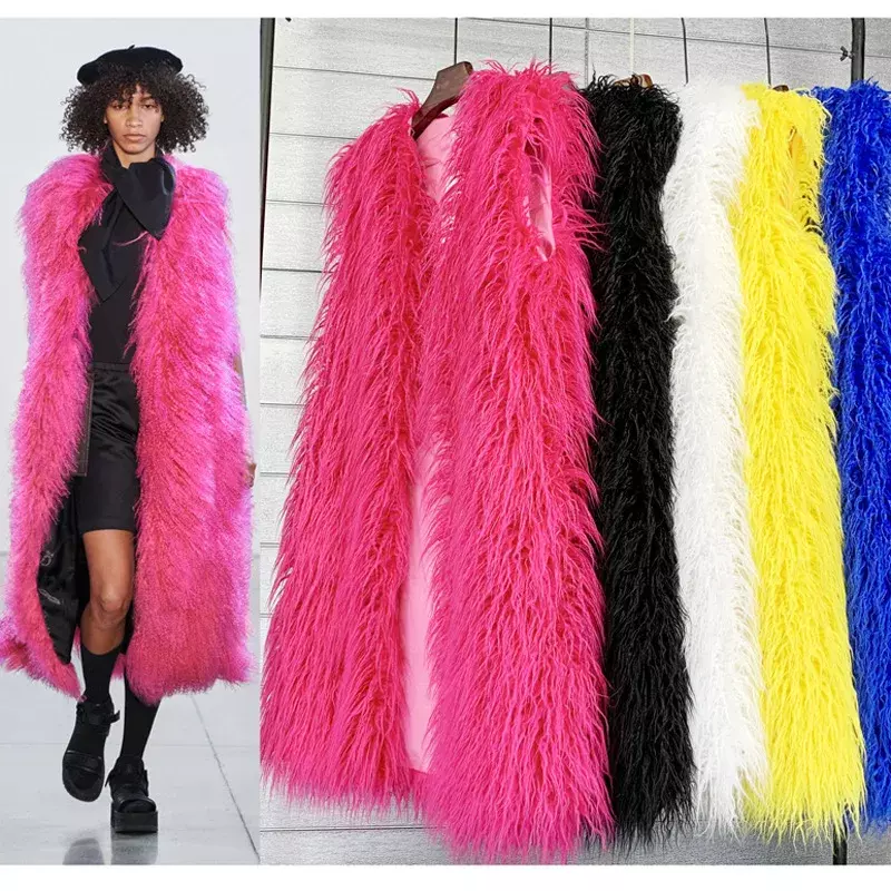 Colete longo de pele de ovelha da Mongólia falsa para mulheres, pelúcia quente colorida casacos de pelúcia, jaqueta feminina, casacos peludos, tamanho grande, outono inverno