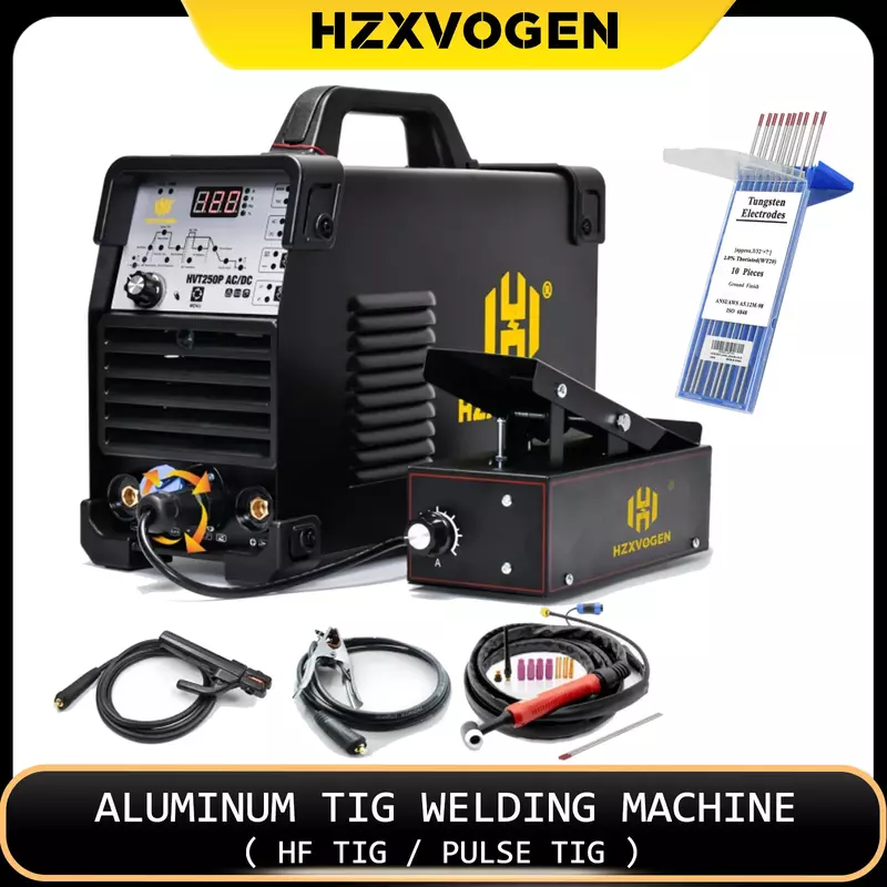 HZXVOGEN-Alumínio AC DC Pulso Tig Máquina de Solda, MMA ARC vara soldador, IGBT inversor, HF TIG 2T 4T solda, 4 em 1, HVT250P