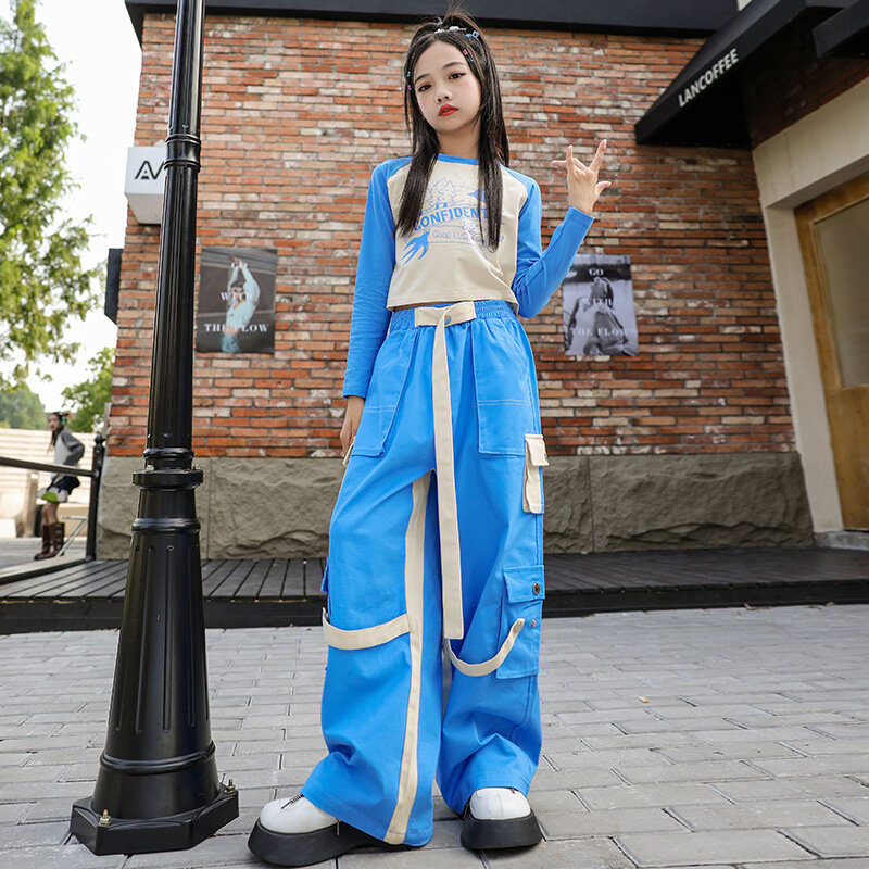 Dziecięce kostium taneczny jazzowe dziewczyny ubrania Kpop przycięte topy niebieskie spodnie dziecięce stroje taniec Hip Hop odzież sceniczna