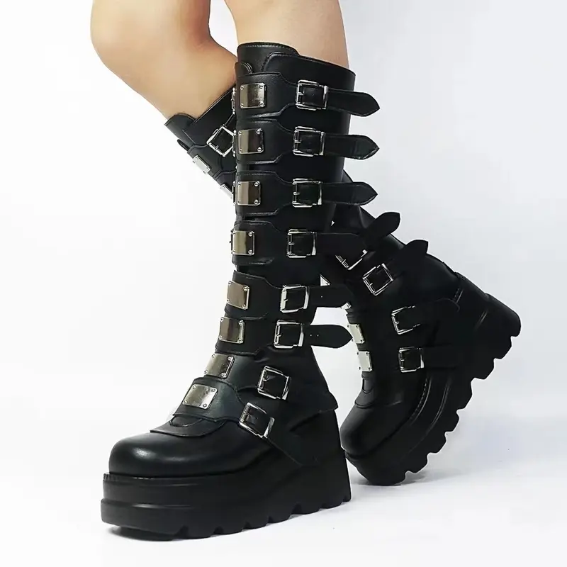 Sepatu bot panjang wanita sepatu Gotik Platform sepatu bot tinggi lutut Punk hitam seksi sepeda motor sepatu bot 2024 baru Halloween Cosplay wanita