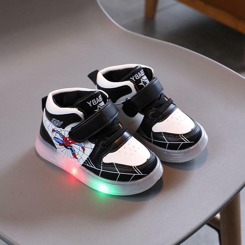Детские кроссовки Disney для мальчиков и девочек, спортивная обувь со светодиодной подсветкой в мультяшном стиле, нескользящая Детская уличная обувь с крючком, обувь для корзины