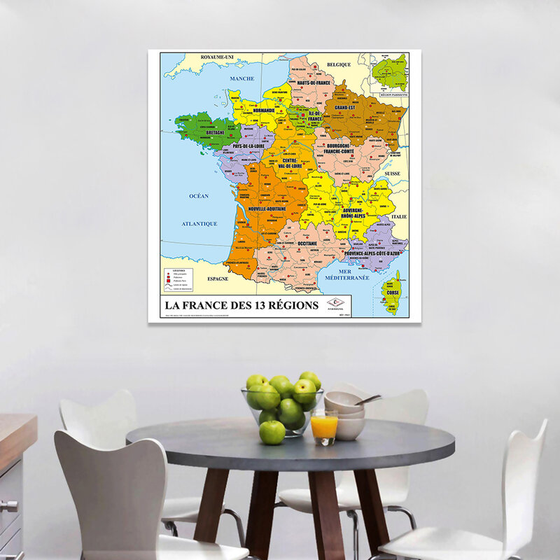 Mapa político da frança em francês, 90*90cm, pintura em tela, pôster de parede, decoração de casa, sala de aula, material escolar