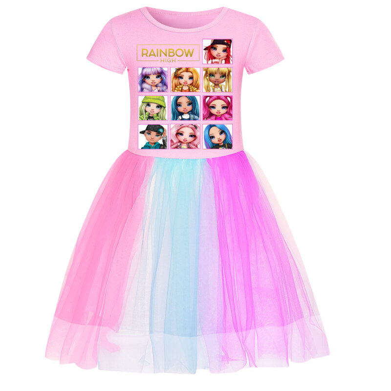 New Rainbow High Clothes Kids Short Sleeve Cotton T Shirts Casual Dresses Toddler Girls Lace Ball Gown Princess Dress 3-10 Years