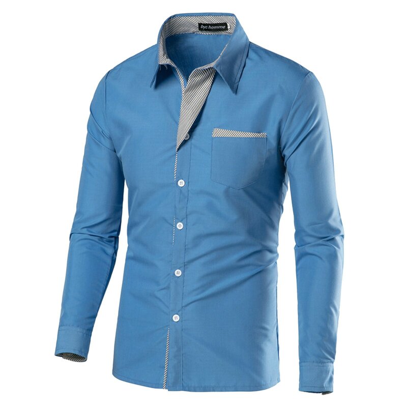 Camisa informal de moda para hombre, camisa Simple y cómoda con botón de Color sólido, cuello vuelto, manga larga, un solo bolsillo