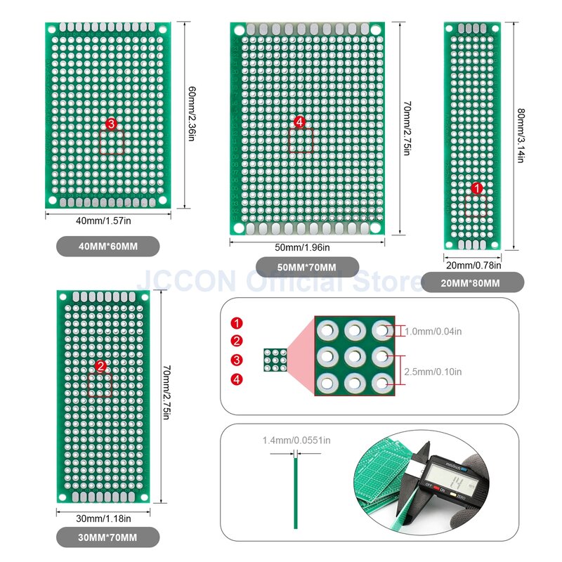 7Pcs PCB Board Kit Schaltung Einseitig Universal Prototyping oard (2x8 3x7 4x6 5x7 6x8 7x9 8x12)cm 2,54mm 1,6mm DIY Löten