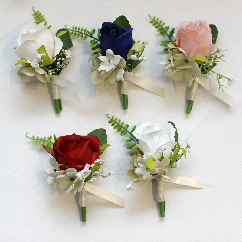 New Artificial Silk Brooch Pin Wrist Corsage Flower Wedding Women Men Boutonniere Bracelet Bangle Groom Bride Party Decoration