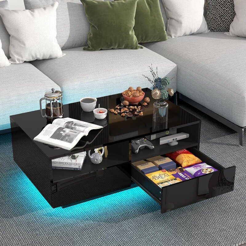 LED-Couch tisch mit 4 Schubladen, hoch glänzender moderner Mittel tisch mit 20 Farben LED-Leuchten
