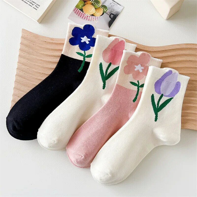1 paio di calzini da donna in stile coreano giapponese Cartoon Flower Candy Color Harajuku Kawaii Mid Tube Socks calzini corti Casual traspiranti