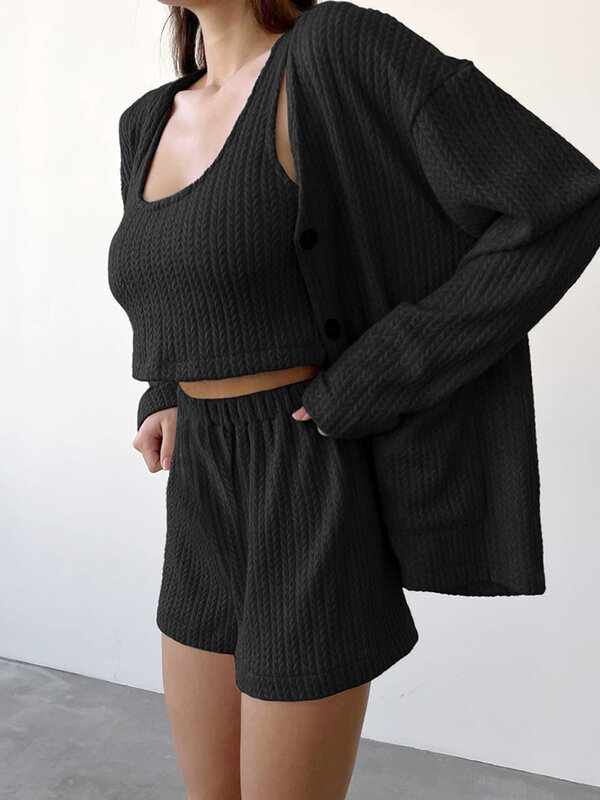 Marthaqiqi-Conjunto de pijama informal de 3 piezas para mujer, camisetas sin mangas, camisón de manga larga con cuello en V, pantalones cortos, traje de camisón femenino