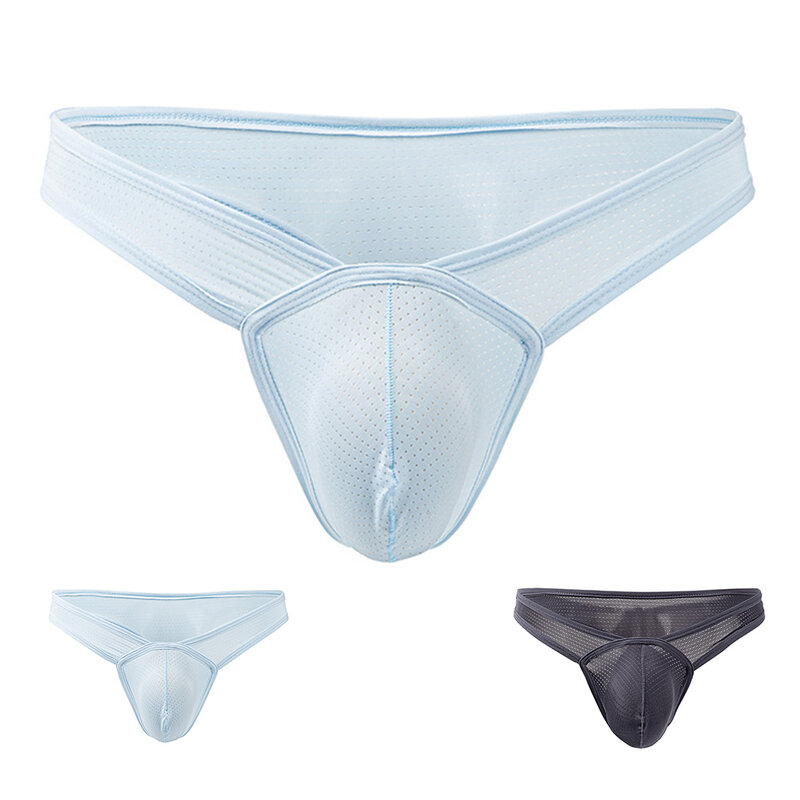 Celana dalam pria untuk pakaian dalam seksi jala celana dalam kantung tembus udara Lingerie erotis naik rendah T Back celana dalam elastis Bikini Sensual