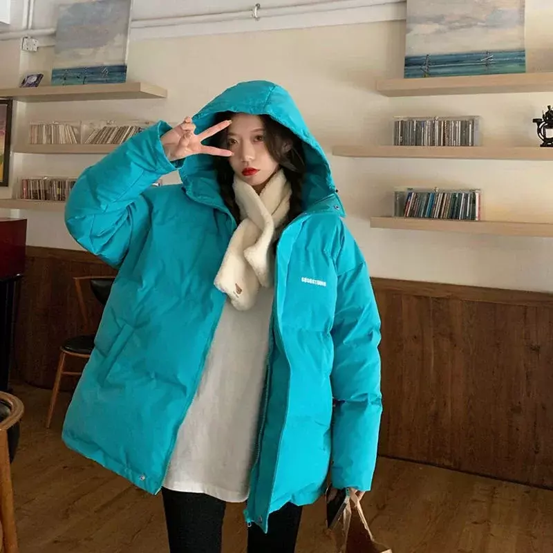 Jaket jalanan hangat polos longgar Korea wanita, jaket mantel tebal bantalan katun wanita musim dingin 2024