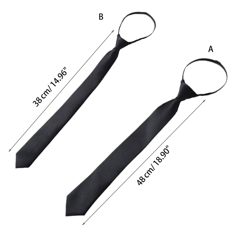Corbata negra estilo Preppy 652F para hombres y mujeres con cremallera ajustable, corbata estrecha Color sólido preatada y