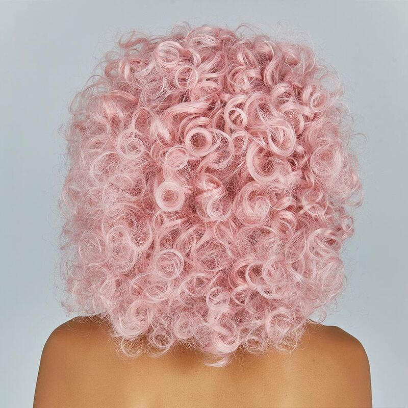 Parrucca di vendita calda, capelli ricci corti rosa piccoli, copertura completa della testa, seta ad alta temperatura in fibra chimica