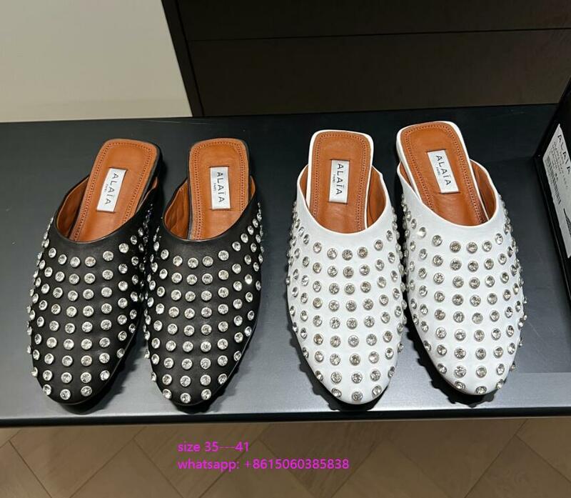 Ladies Alaia Vienne Cutout Mary Jane Ballerina Flats Women strap crystals Rounded toe Mules studs studded Diamond Flat Slippers