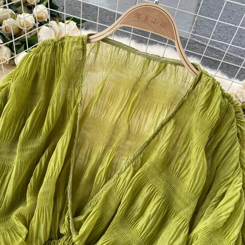 Women Sexy Chiffon Short Blouse Female See Through Super Long Sleeve Blusas Purple/Green/Black/White Folds Party Tops 2022 New