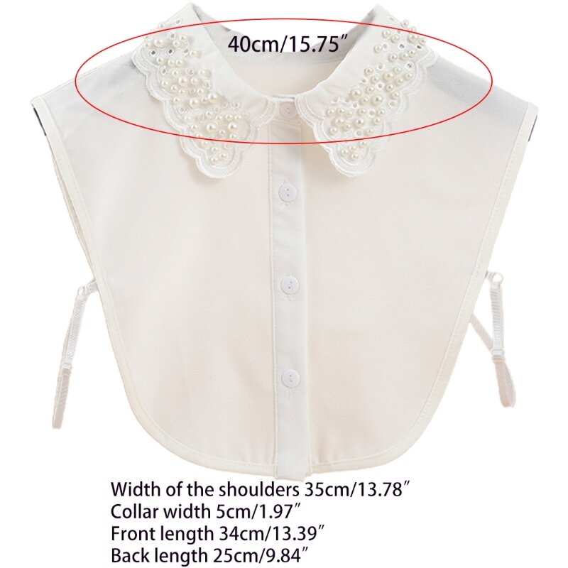 Korean Imitation Pearl Beaded Fake Collar for Women Detachable White Dickey Blouse Hollow Out Embroidery Scalloped Lapel