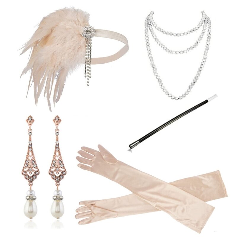 Set accessori vintage degli anni '20 con copricapo piume, guanti, collana, orecchini, costume da flapper degli anni '20,
