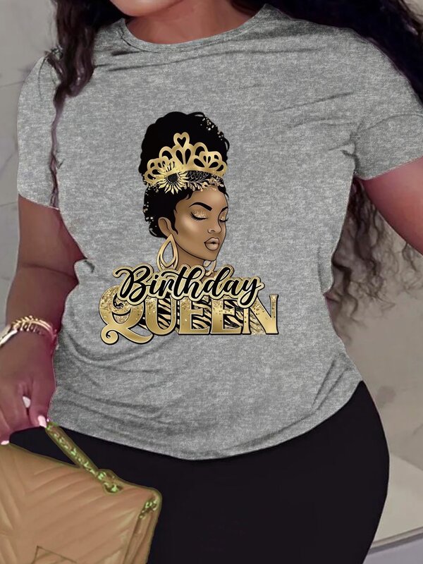 생일 퀸 프린트 티셔츠, 캐주얼 크루넥 반팔 상의, 용수철 및 여름, 카와이 여성 의류